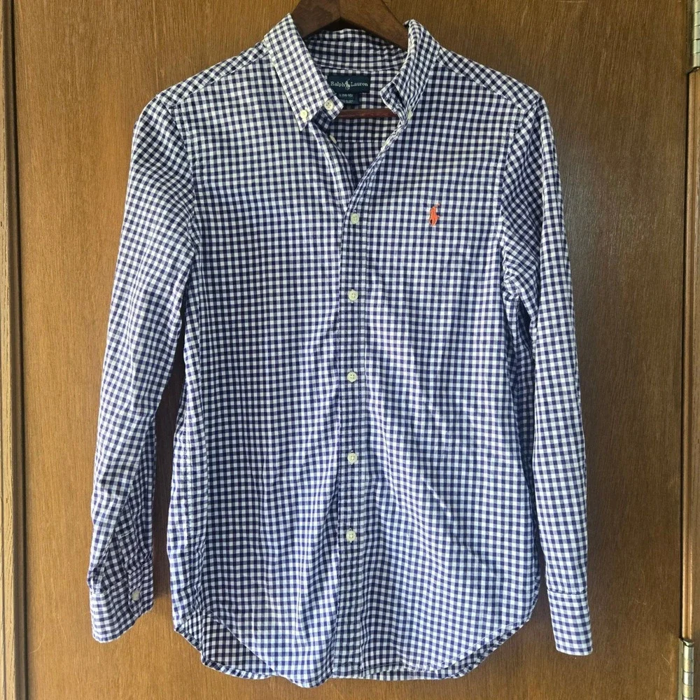 Ralph Lauren Boys Purple Gingham Button Down Shirt L 14-16 Slim Fit Cotton